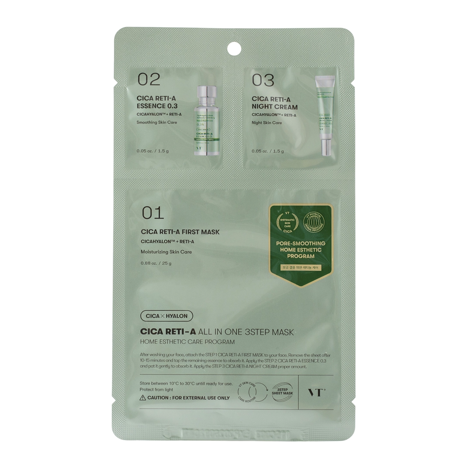 VT Cosmetics - CICA Reti-A All In One 3Step Mask - Feuchtigkeitsspendende und peelende Tuchmaske- 1.5g+1.5g+25g