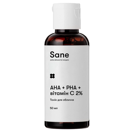 Sane - Face Toner PHA + AHA + Vitamin C 2% Purifying Glow Solution - Gesichtswasser mit Peeling- und Aufhellungseffekt - 50ml