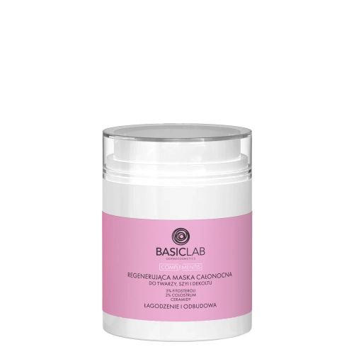 BasicLab – Regenerierende Overnight-Maske für Gesicht, Hals und Dekolleté, 5% Phytosterole, 2% Kolostrum, Ceramide, Beruhigung & Regeneration - 50ml