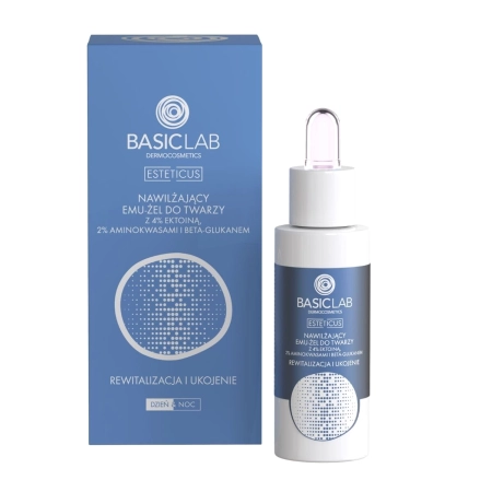 BasicLab - Esteticus - Revitalisierung und Beruhigung - Feuchtigkeitsspendendes Emu-Gel für das Gesicht mit 4% Ectoin, Aminosäuren und Beta-Glucan - 30ml